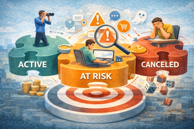 Illustration showing subscription lifecycle stages with a hidden middle risk zone between active and canceled customers, highlighting missed revenue signals.